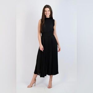 Nanette Lepore Black Pleated High Neck Ruffled Women's Midi Dress Formal Stretch
